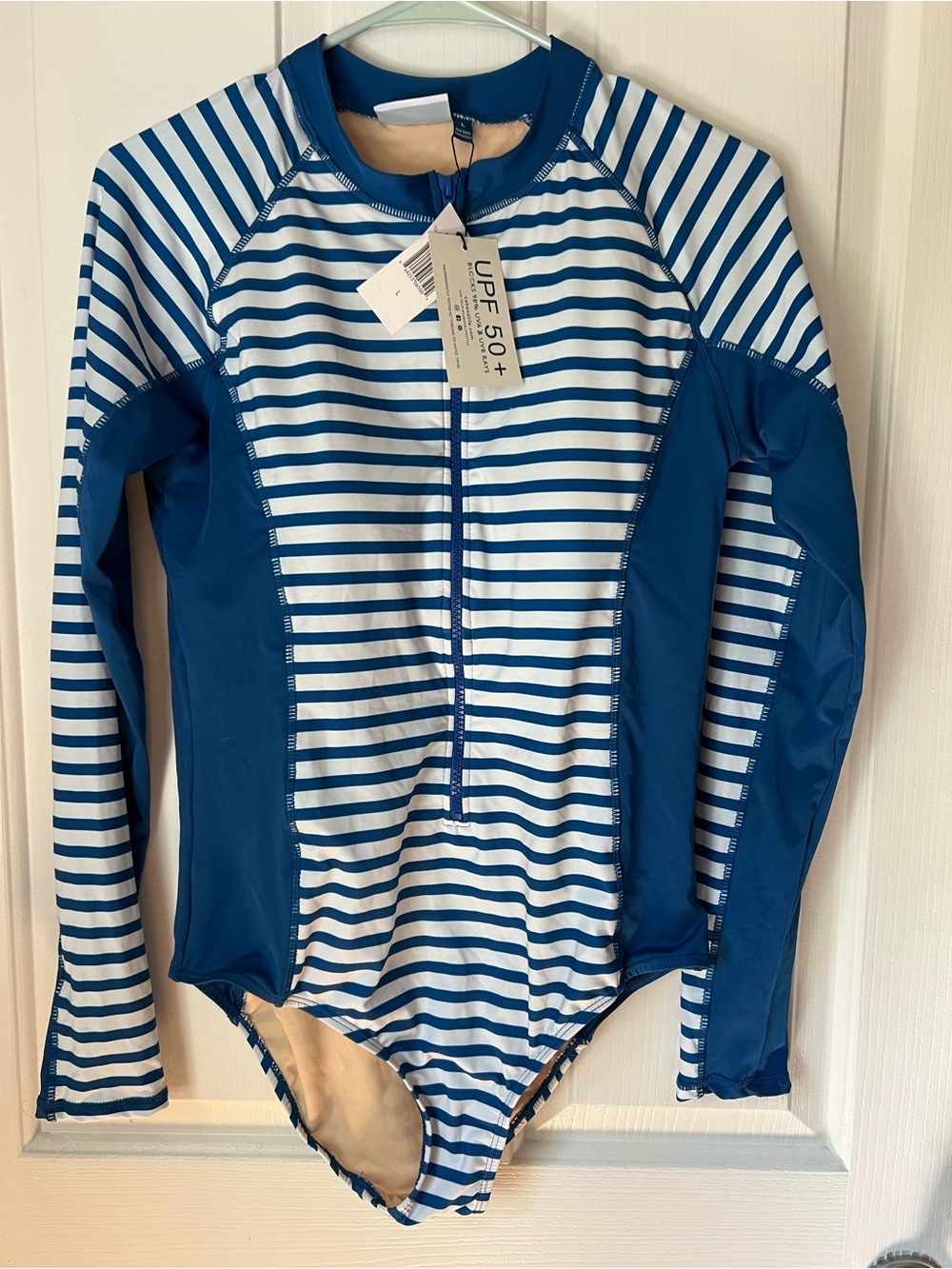 NWT Women’s Long Sleeve UPF 50+ Rash Guard Swimsuit - Navy & White Stripe